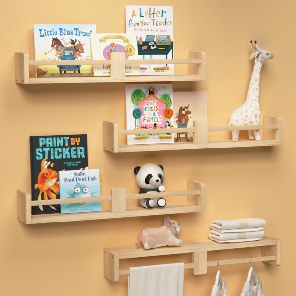 Dual-Guard Nursery Book Shelves Set of 4, Wood Floating Shelves for Nursery Room Wall Decor, Wall Mount Kids Bookshelf for Baby Bedroom Storage, Toddler Toy Hanging Wall Organizer - White