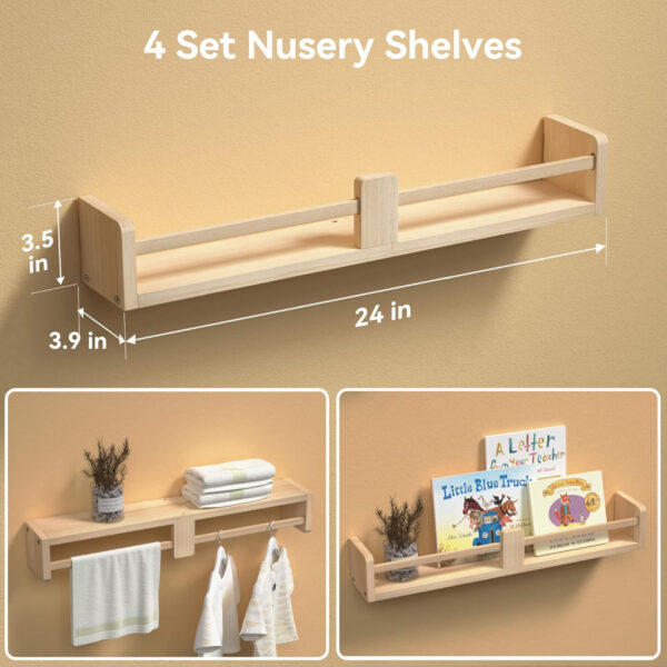 Dual-Guard Nursery Book Shelves Set of 4, Wood Floating Shelves for Nursery Room Wall Decor, Wall Mount Kids Bookshelf for Baby Bedroom Storage, Toddler Toy Hanging Wall Organizer - White