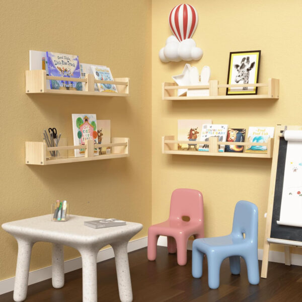Dual-Guard Nursery Book Shelves Set of 4, Wood Floating Shelves for Nursery Room Wall Decor, Wall Mount Kids Bookshelf for Baby Bedroom Storage, Toddler Toy Hanging Wall Organizer - White
