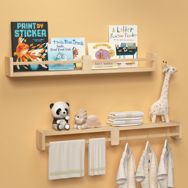 Dual-Guard Nursery Book Shelves Set of 4, Wood Floating Shelves for Nursery Room Wall Decor, Wall Mount Kids Bookshelf for Baby Bedroom Storage, Toddler Toy Hanging Wall Organizer - White