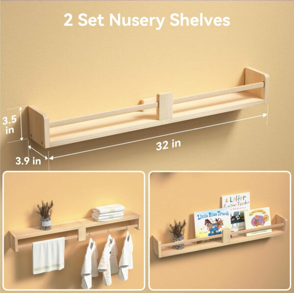 Dual-Guard Nursery Book Shelves Set of 4, Wood Floating Shelves for Nursery Room Wall Decor, Wall Mount Kids Bookshelf for Baby Bedroom Storage, Toddler Toy Hanging Wall Organizer - White