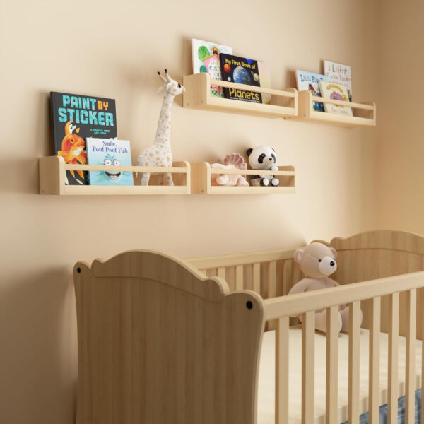 Dual-Guard Nursery Book Shelves Set of 4, Wood Floating Shelves for Nursery Room Wall Decor, Wall Mount Kids Bookshelf for Baby Bedroom Storage, Toddler Toy Hanging Wall Organizer - White
