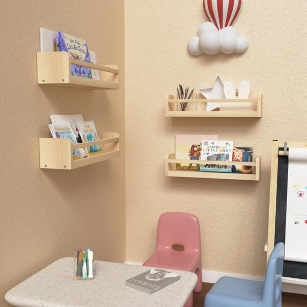Dual-Guard Nursery Book Shelves Set of 4, Wood Floating Shelves for Nursery Room Wall Decor, Wall Mount Kids Bookshelf for Baby Bedroom Storage, Toddler Toy Hanging Wall Organizer - White