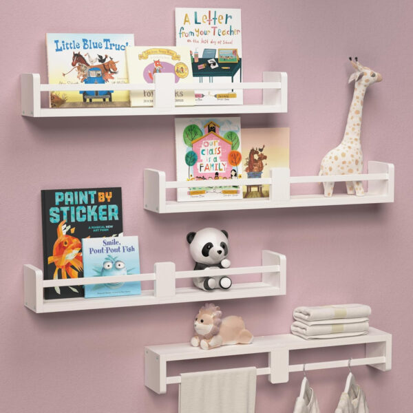 Dual-Guard Nursery Book Shelves Set of 4, Wood Floating Shelves for Nursery Room Wall Decor, Wall Mount Kids Bookshelf for Baby Bedroom Storage, Toddler Toy Hanging Wall Organizer - White