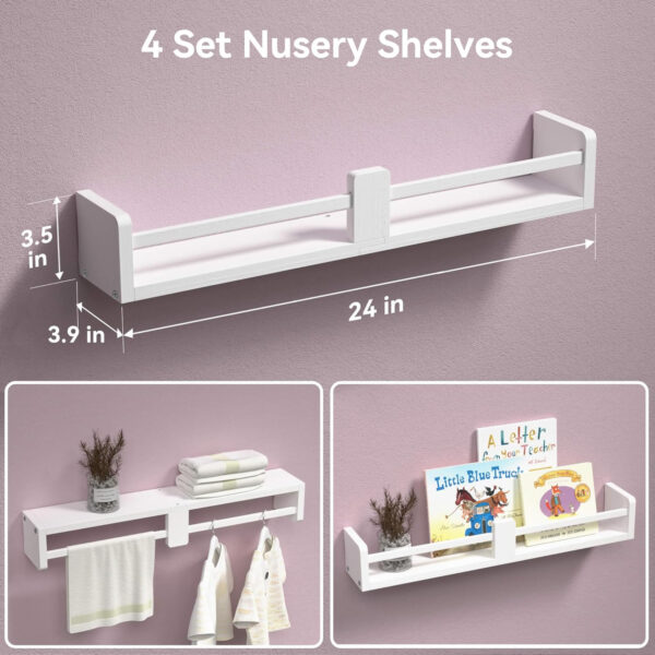 Dual-Guard Nursery Book Shelves Set of 4, Wood Floating Shelves for Nursery Room Wall Decor, Wall Mount Kids Bookshelf for Baby Bedroom Storage, Toddler Toy Hanging Wall Organizer - White