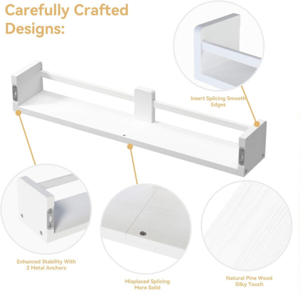 Dual-Guard Nursery Book Shelves Set of 4, Wood Floating Shelves for Nursery Room Wall Decor, Wall Mount Kids Bookshelf for Baby Bedroom Storage, Toddler Toy Hanging Wall Organizer - White