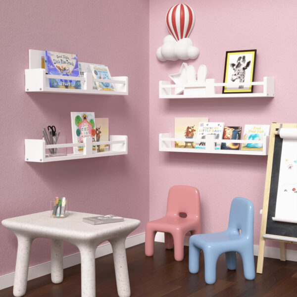 Dual-Guard Nursery Book Shelves Set of 4, Wood Floating Shelves for Nursery Room Wall Decor, Wall Mount Kids Bookshelf for Baby Bedroom Storage, Toddler Toy Hanging Wall Organizer - White