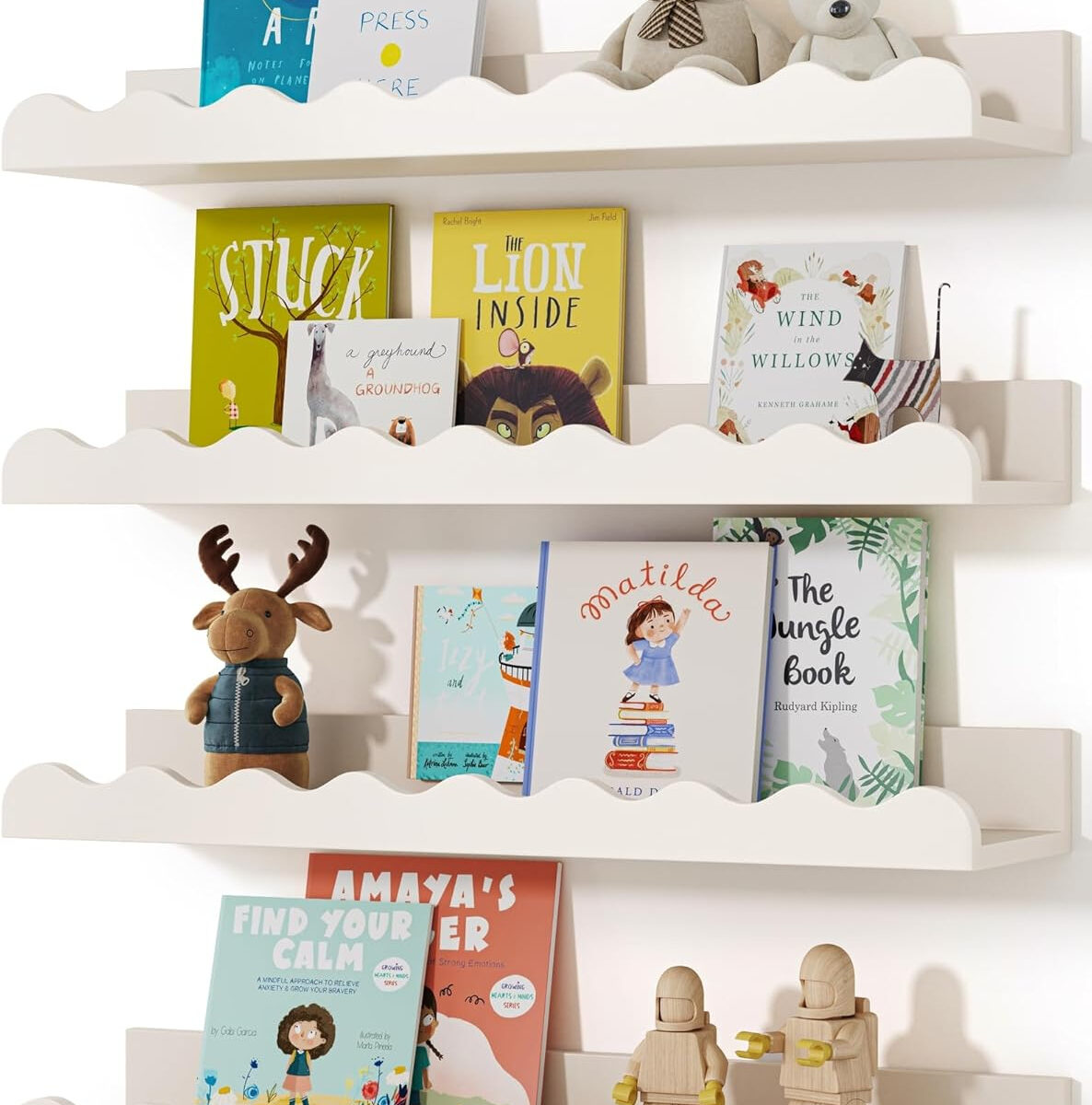 Kids' Bookshelf Set of 4 - White Floating Nursery Book Shelves, Picture Ledge Shelf for Wall Decor and Storage - Perfect for Books, Toys, Photo Frames, and Nursery Décor