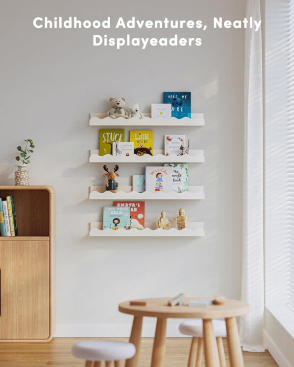 Kids' Bookshelf Set of 4 - White Floating Nursery Book Shelves, Picture Ledge Shelf for Wall Decor and Storage - Perfect for Books, Toys, Photo Frames, and Nursery Décor