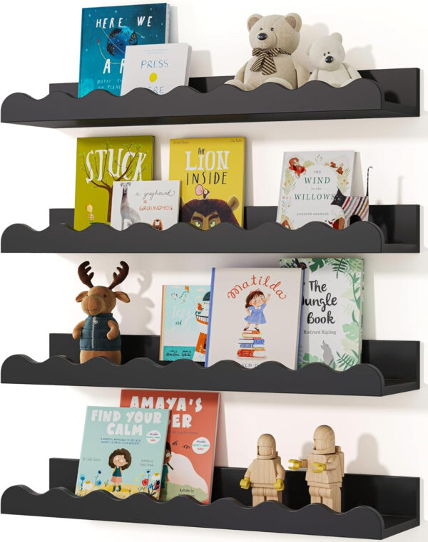 Kids' Bookshelf Set of 4 - White Floating Nursery Book Shelves, Picture Ledge Shelf for Wall Decor and Storage - Perfect for Books, Toys, Photo Frames, and Nursery Décor