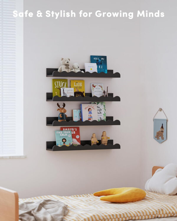 Kids' Bookshelf Set of 4 - White Floating Nursery Book Shelves, Picture Ledge Shelf for Wall Decor and Storage - Perfect for Books, Toys, Photo Frames, and Nursery Décor