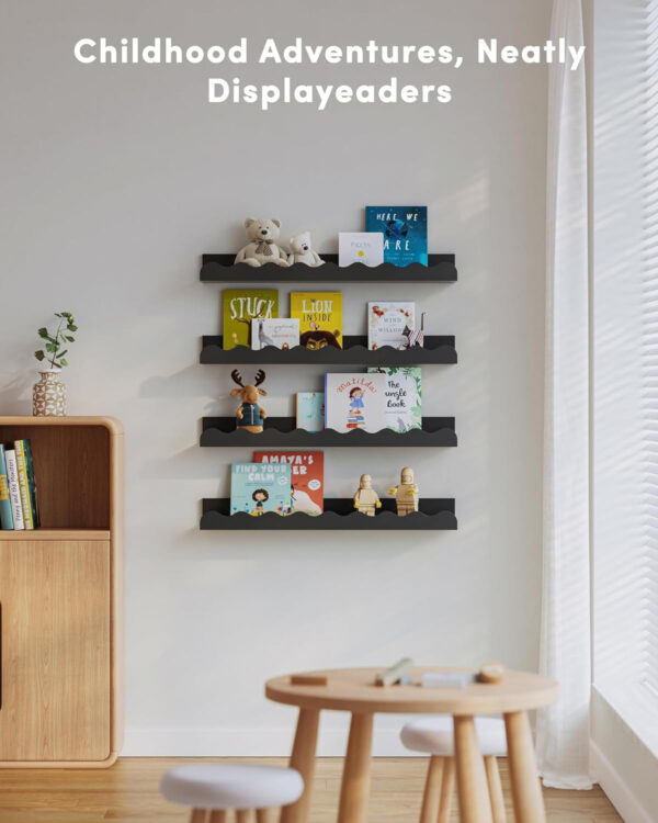 Kids' Bookshelf Set of 4 - White Floating Nursery Book Shelves, Picture Ledge Shelf for Wall Decor and Storage - Perfect for Books, Toys, Photo Frames, and Nursery Décor