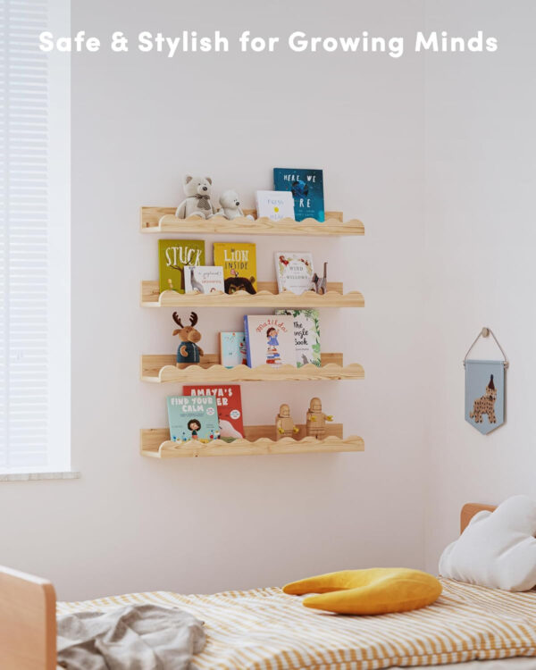 Kids' Bookshelf Set of 4 - White Floating Nursery Book Shelves, Picture Ledge Shelf for Wall Decor and Storage - Perfect for Books, Toys, Photo Frames, and Nursery Décor