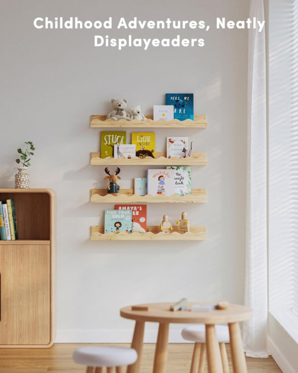 Kids' Bookshelf Set of 4 - White Floating Nursery Book Shelves, Picture Ledge Shelf for Wall Decor and Storage - Perfect for Books, Toys, Photo Frames, and Nursery Décor