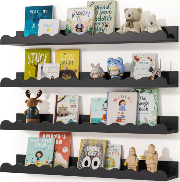 Kids' Bookshelf Set of 4 - White Floating Nursery Book Shelves, Picture Ledge Shelf for Wall Decor and Storage - Perfect for Books, Toys, Photo Frames, and Nursery Décor