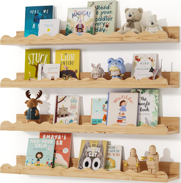 Kids' Bookshelf Set of 4 - White Floating Nursery Book Shelves, Picture Ledge Shelf for Wall Decor and Storage - Perfect for Books, Toys, Photo Frames, and Nursery Décor