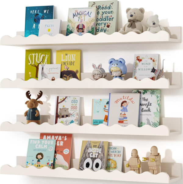 Kids' Bookshelf Set of 4 - White Floating Nursery Book Shelves, Picture Ledge Shelf for Wall Decor and Storage - Perfect for Books, Toys, Photo Frames, and Nursery Décor