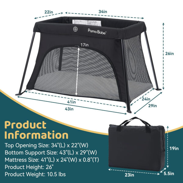 Pamo Babe Travel Crib - Lightweight Baby Playard with Zip Door, Carry Bag for Airplane - Easy to Carry
