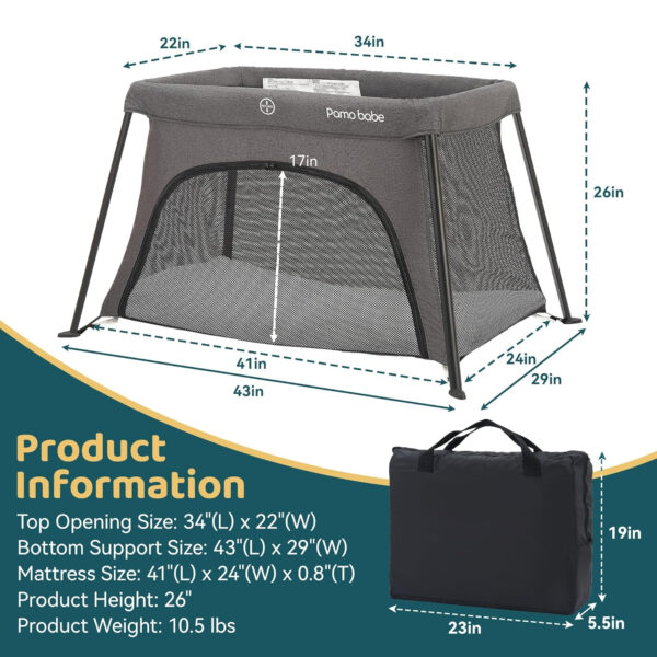 Pamo Babe Travel Crib - Lightweight Baby Playard with Zip Door, Carry Bag for Airplane - Easy to Carry