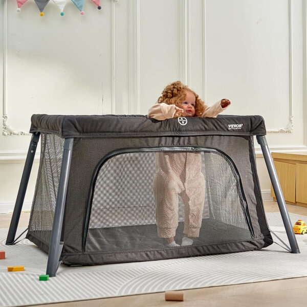 VEVOR Baby Travel Crib and Play Yard, Folding Baby Playpen with Zipper Gate & Soft Mattress, Portable Toddler Crib with Breathable Mesh, Travel Bag, Indoor/Outdoor Kids Activity Center for 0-36 Months