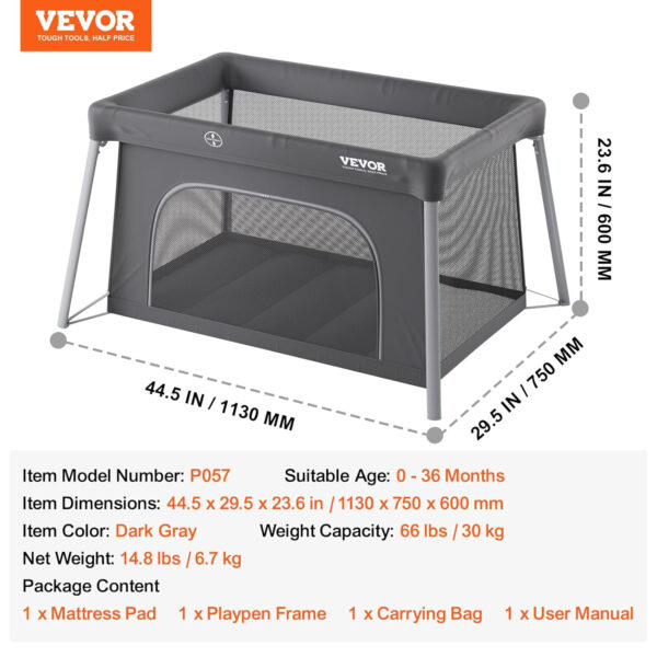 VEVOR Baby Travel Crib and Play Yard, Folding Baby Playpen with Zipper Gate & Soft Mattress, Portable Toddler Crib with Breathable Mesh, Travel Bag, Indoor/Outdoor Kids Activity Center for 0-36 Months