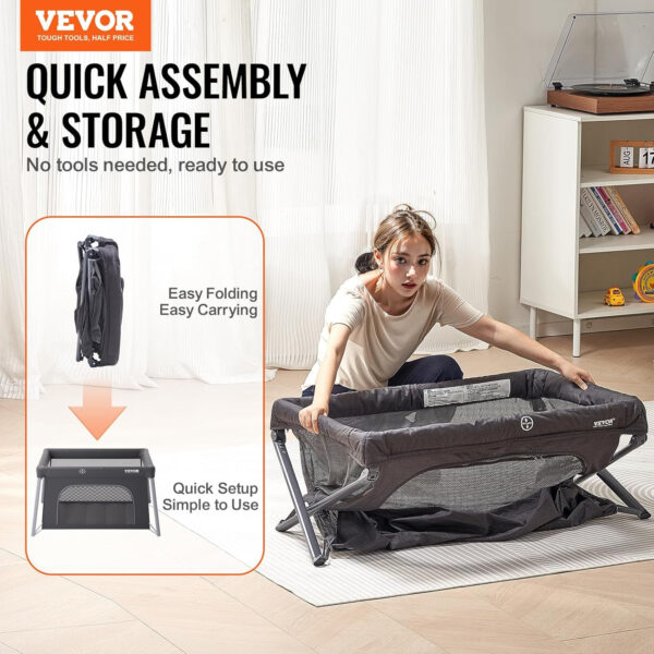 VEVOR Baby Travel Crib and Play Yard, Folding Baby Playpen with Zipper Gate & Soft Mattress, Portable Toddler Crib with Breathable Mesh, Travel Bag, Indoor/Outdoor Kids Activity Center for 0-36 Months
