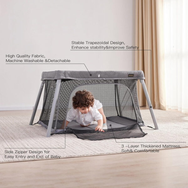 2 in 1 Portable Travel Crib for Toddler, Foldable Crib for Baby, Lightweight Playpen Collapsible Playard with Soft Mattress, Easy to Carry Baby Travel Bed for Outdoor, Indoor (Black)