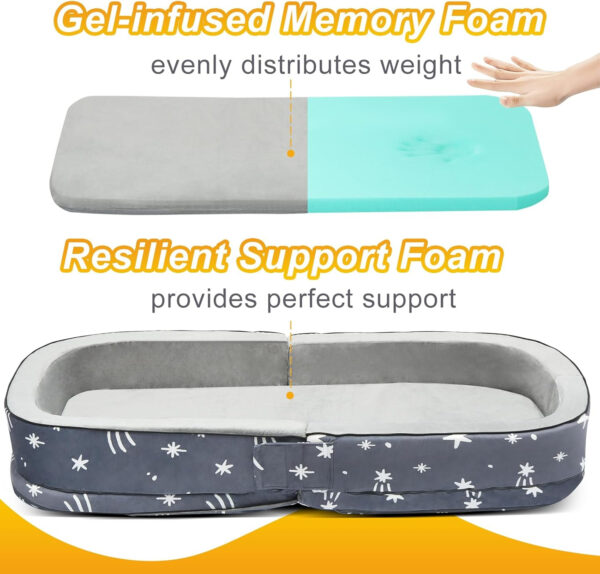 Lvimilio Portable Toddler Travel Bed, Foldable Kids Floor Bed for Home/Travel with Foam Mattres, Toddler Cot for Kids Aged 1-4, Velvet Fabric