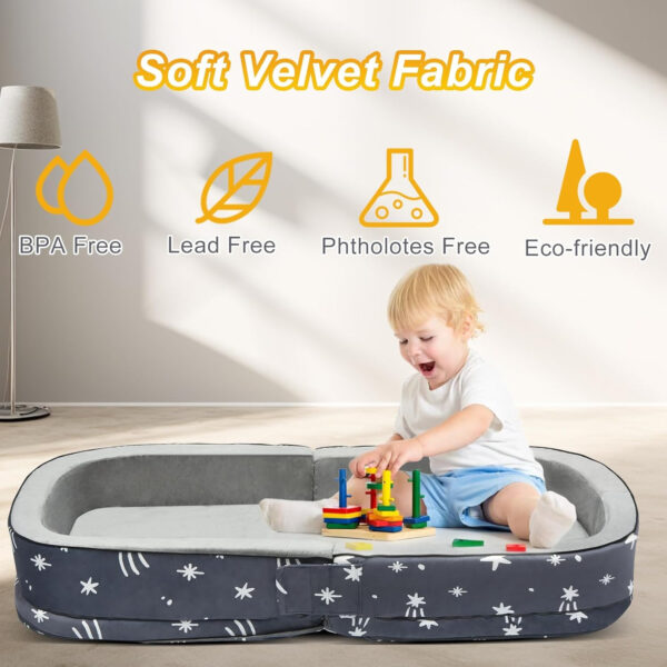 Lvimilio Portable Toddler Travel Bed, Foldable Kids Floor Bed for Home/Travel with Foam Mattres, Toddler Cot for Kids Aged 1-4, Velvet Fabric