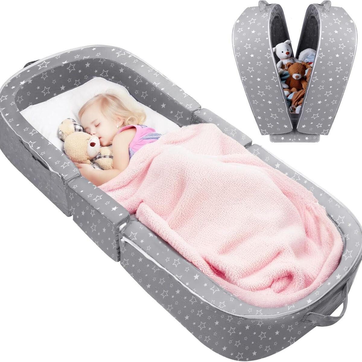 REAWUL Foldable Toddler Travel Bed, Portable Folding Floor Bed with Washable Cover,Soft and Safe Foam Crib,Grey