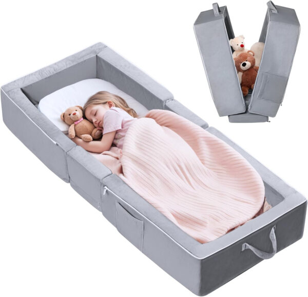 688bc7d4116134b6b616473313823da680f35d7c832c20eda95f7.jpg REAWUL Foldable Toddler Travel Bed, Portable Folding Floor Bed with Washable Cover,Soft and Safe Foam Crib,Grey