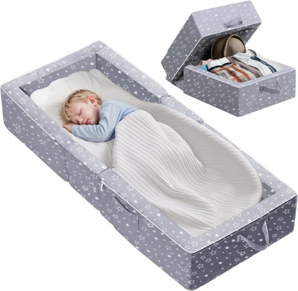 688bc7df486e8224ac1f9a04a421bd2f27f71222b7e7624b2aa38.jpg REAWUL Foldable Toddler Travel Bed, Portable Folding Floor Bed with Washable Cover,Soft and Safe Foam Crib,Grey
