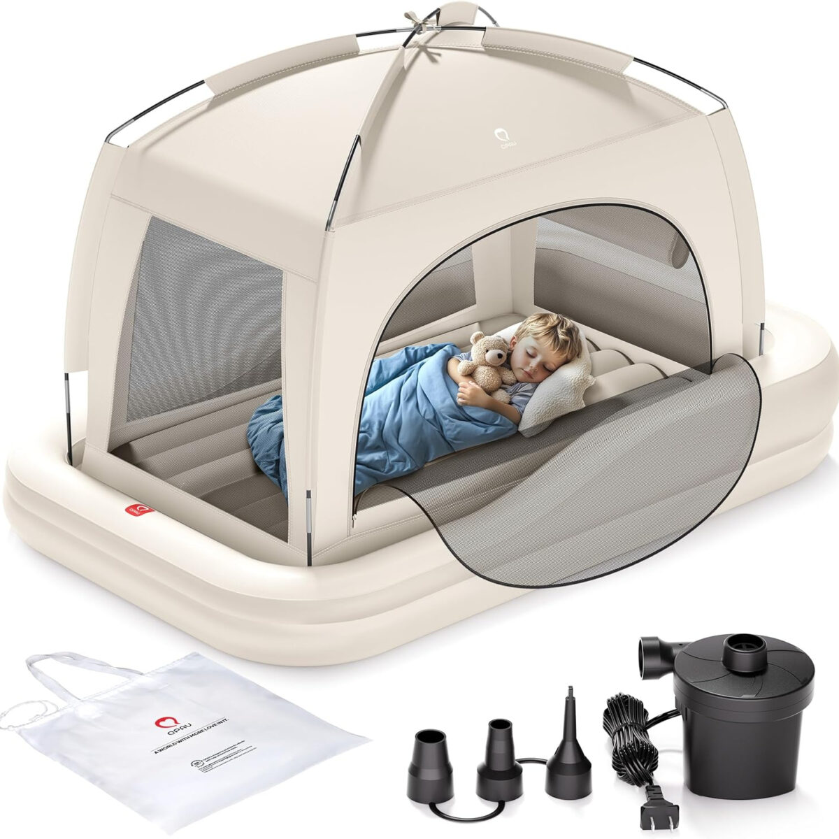 QPAU Inflatable Toddler Travel Bed with Tent, Baby Crib Tent, Portable Kids Air Mattress with Safety Bumpers, Ideal for Home, Grandma's, Camping, Traveling -Includes Fast Electric Pump