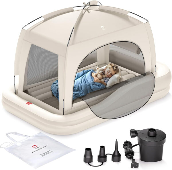 QPAU Inflatable Toddler Travel Bed with Tent, Baby Crib Tent, Portable Kids Air Mattress with Safety Bumpers, Ideal for Home, Grandma's, Camping, Traveling -Includes Fast Electric Pump