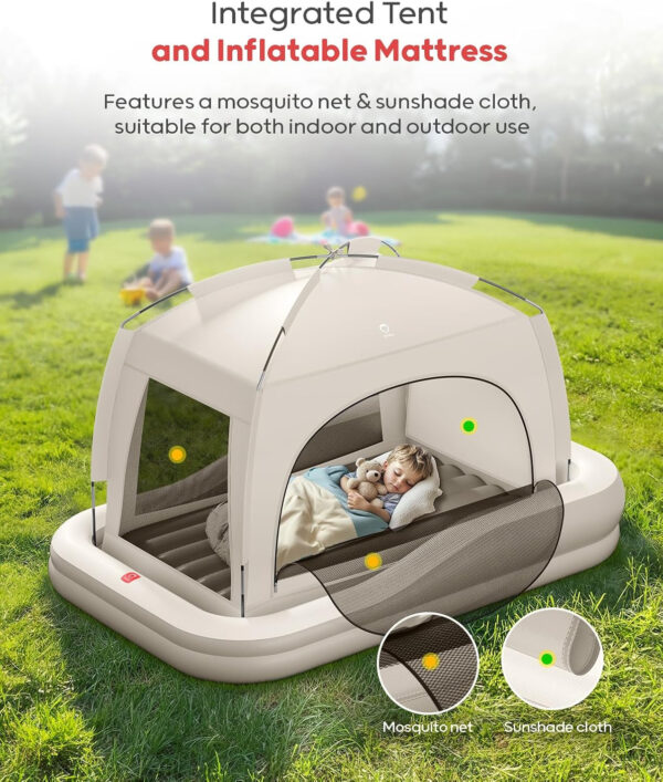 QPAU Inflatable Toddler Travel Bed with Tent, Baby Crib Tent, Portable Kids Air Mattress with Safety Bumpers, Ideal for Home, Grandma's, Camping, Traveling -Includes Fast Electric Pump