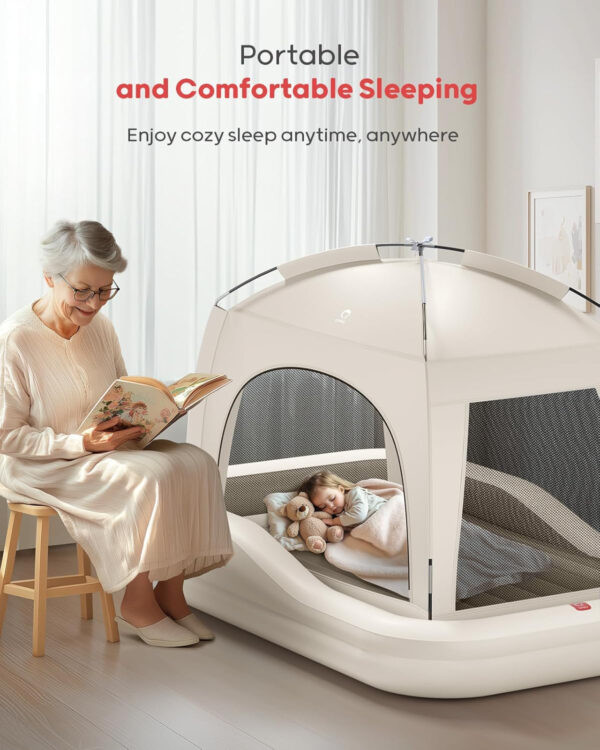 QPAU Inflatable Toddler Travel Bed with Tent, Baby Crib Tent, Portable Kids Air Mattress with Safety Bumpers, Ideal for Home, Grandma's, Camping, Traveling -Includes Fast Electric Pump