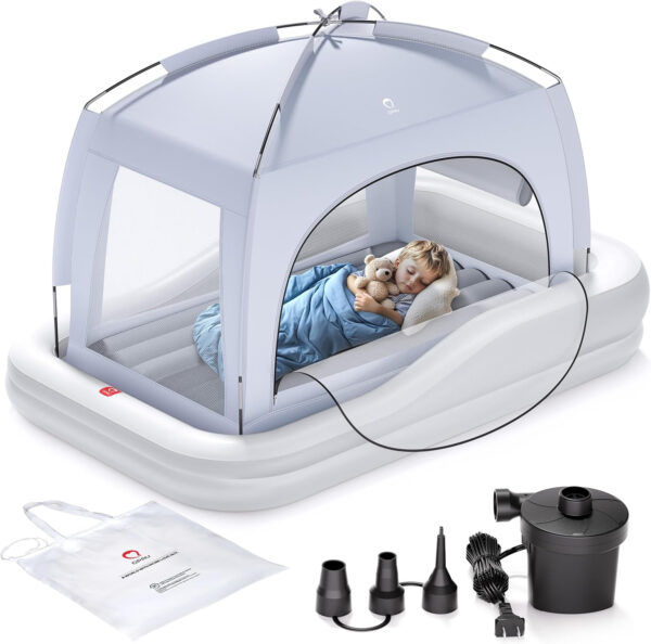 QPAU Inflatable Toddler Travel Bed with Tent, Baby Crib Tent, Portable Kids Air Mattress with Safety Bumpers, Ideal for Home, Grandma's, Camping, Traveling -Includes Fast Electric Pump