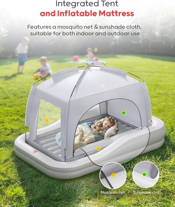 QPAU Inflatable Toddler Travel Bed with Tent, Baby Crib Tent, Portable Kids Air Mattress with Safety Bumpers, Ideal for Home, Grandma's, Camping, Traveling -Includes Fast Electric Pump
