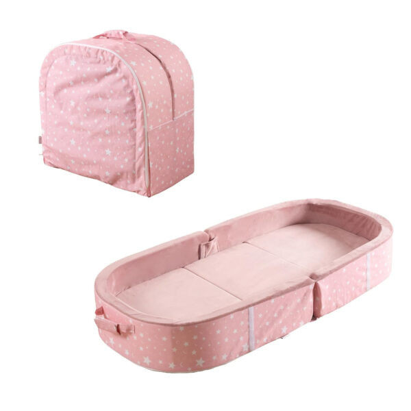 BYBYME Portable Toddler Travel Bed - Waterproof Foldable Floor Crib with Washable Fitted Sheet - Ideal Folding Toddler Cots for Sleeping and Sleepovers (Pink)