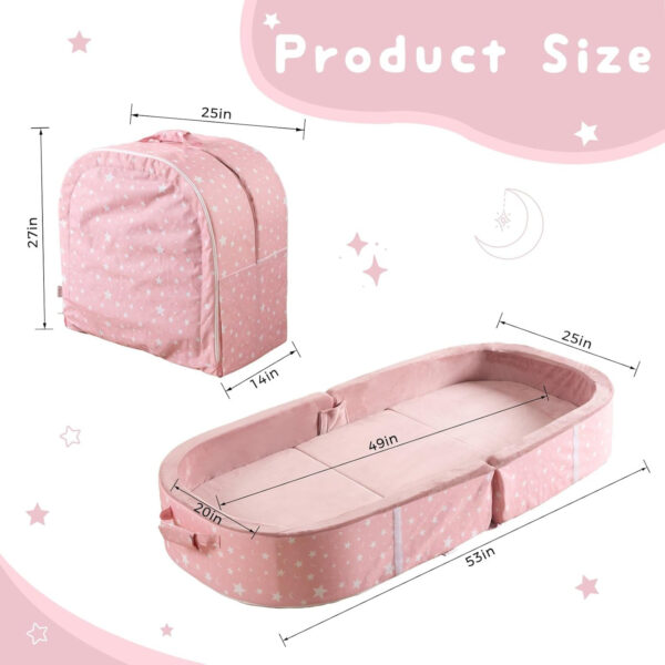 BYBYME Portable Toddler Travel Bed - Waterproof Foldable Floor Crib with Washable Fitted Sheet - Ideal Folding Toddler Cots for Sleeping and Sleepovers (Pink)