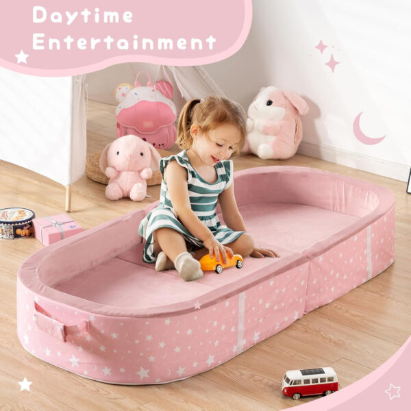 BYBYME Portable Toddler Travel Bed - Waterproof Foldable Floor Crib with Washable Fitted Sheet - Ideal Folding Toddler Cots for Sleeping and Sleepovers (Pink)