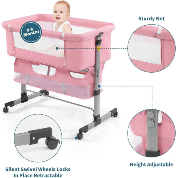 3 in 1 Travel Baby Crib,Baby Bed with Breathable Net,Adjustable Portable Bed for Infant/Baby with Detachable Mosquito net and Mattress,Pink