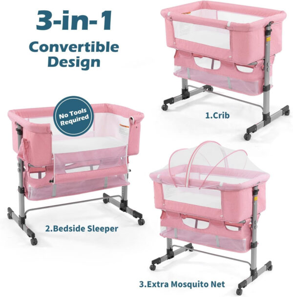 3 in 1 Travel Baby Crib,Baby Bed with Breathable Net,Adjustable Portable Bed for Infant/Baby with Detachable Mosquito net and Mattress,Pink
