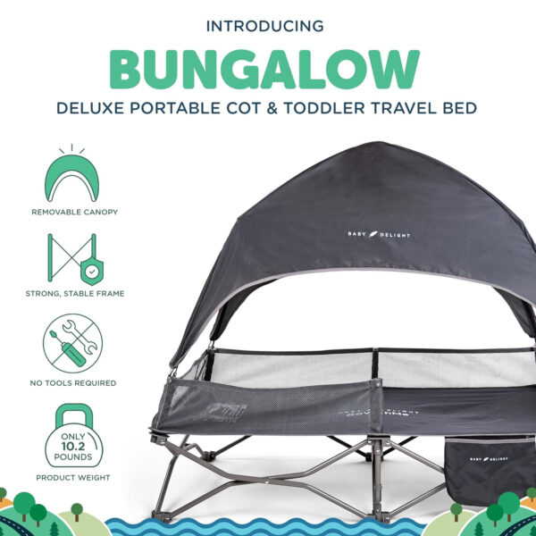 Baby Delight Go with Me Bungalow Deluxe Portable Cot | Toddler Travel Bed | Indoor and Outdoor | Sun Canopy | Grey