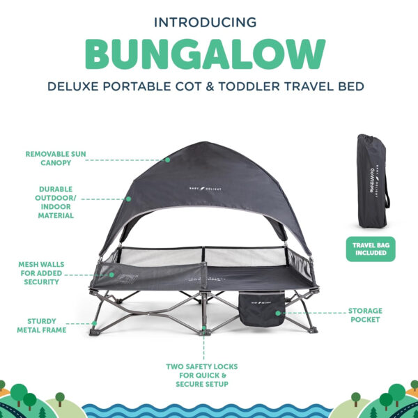 Baby Delight Go with Me Bungalow Deluxe Portable Cot | Toddler Travel Bed | Indoor and Outdoor | Sun Canopy | Grey