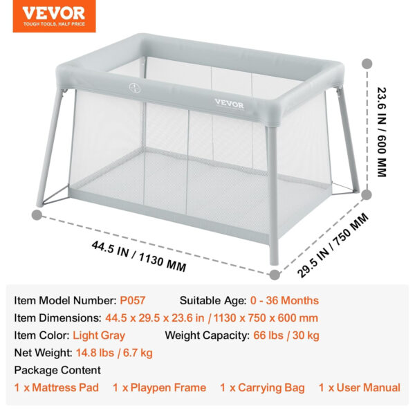 VEVOR Baby Travel Crib and Play Yard, Folding Baby Playpen with Soft Mattress Pad, Portable Toddlers Crib with Breathable Mesh and Travel Bag, Indoor/Outdoor Kid Activity Center for 0-36 Months Babies