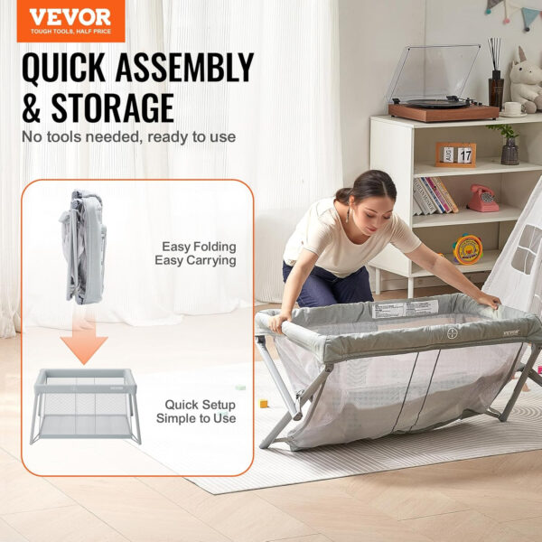 VEVOR Baby Travel Crib and Play Yard, Folding Baby Playpen with Soft Mattress Pad, Portable Toddlers Crib with Breathable Mesh and Travel Bag, Indoor/Outdoor Kid Activity Center for 0-36 Months Babies