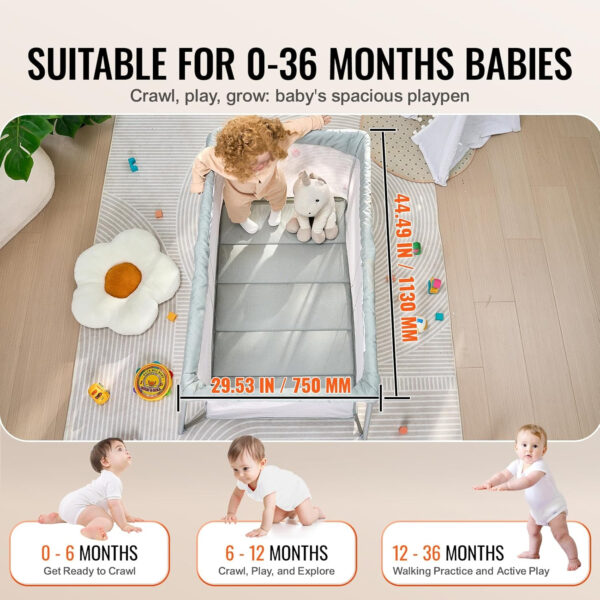 VEVOR Baby Travel Crib and Play Yard, Folding Baby Playpen with Soft Mattress Pad, Portable Toddlers Crib with Breathable Mesh and Travel Bag, Indoor/Outdoor Kid Activity Center for 0-36 Months Babies