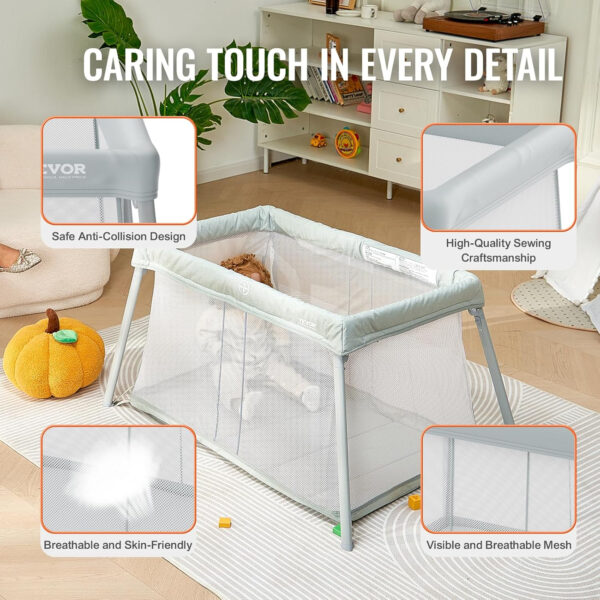 VEVOR Baby Travel Crib and Play Yard, Folding Baby Playpen with Soft Mattress Pad, Portable Toddlers Crib with Breathable Mesh and Travel Bag, Indoor/Outdoor Kid Activity Center for 0-36 Months Babies