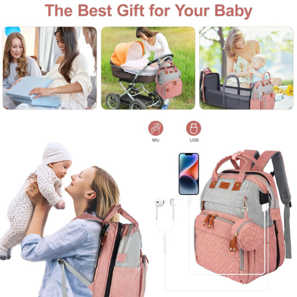 Diaper Bag, Baby Essentials, Multi-functional Large-capacity Diaper Bag Backpack, Best Gift for Newborns with Diaper Changing Station, Travel Essentials Diaper Bag Backpack (Pink)
